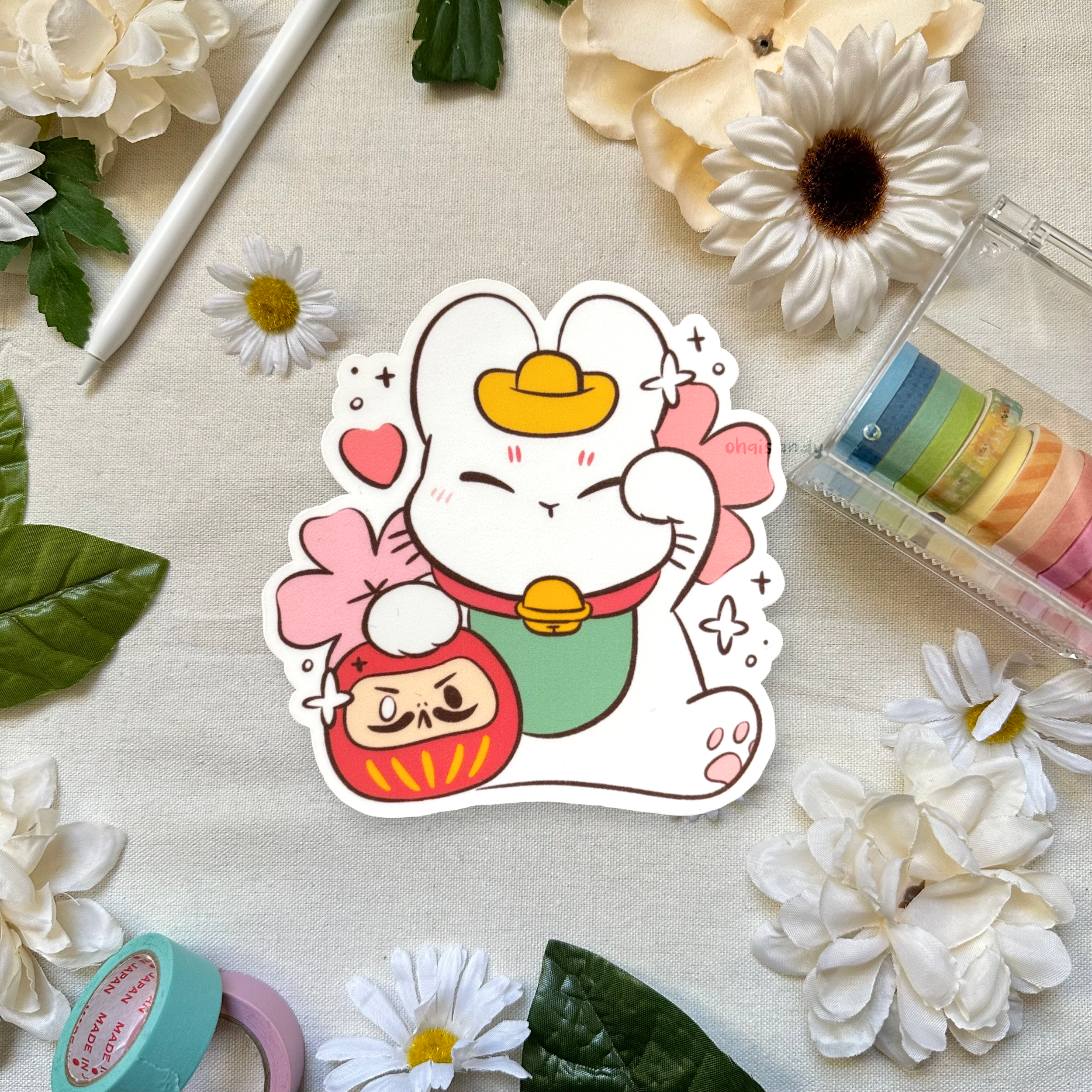 Lucky Bunny & Daruma Weatherproof Sticker